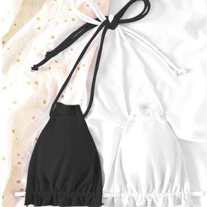 NWOT Colorblock Frill Trim Halter Bikini Top Only, Black and White L (8-10)
